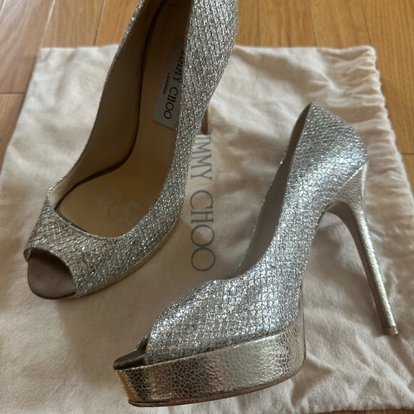 JIMMY CHOO GLITTER PEEP TOE PUMPS SZ 8.5 - Picture 9 of 16